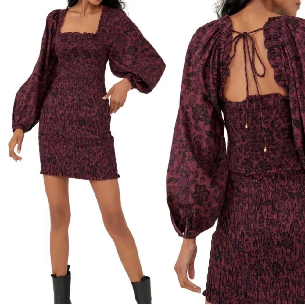 Free People Smock It To Me floral Mini Dress plum burgandy small smocked